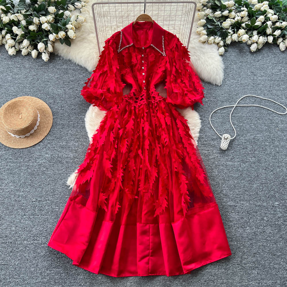 French retro court style dress - women's  autumn collection: beaded peter pan collar, lantern sleeves, 3d floral appliqué, mesh maxi dress