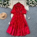 French retro court style dress - women's  autumn collection: beaded peter pan collar, lantern sleeves, 3d floral appliqué, mesh maxi dress