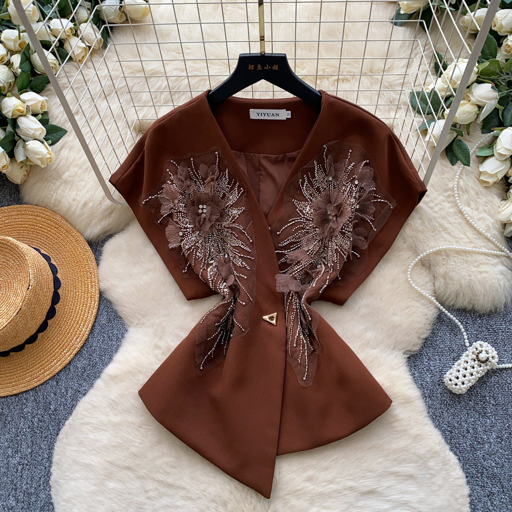 Commute style v-neck single-breasted vest - women's outerwear with embroidered floral accents - brown vest - autumn  - premium quality