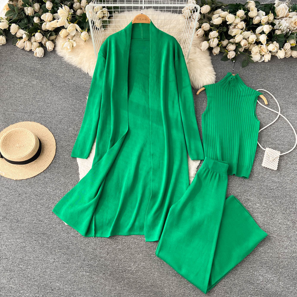Autumnew arrival lazy looseknittingsuit women's long shawl cardigan + turtleneck sweater + loose pants three-piece set