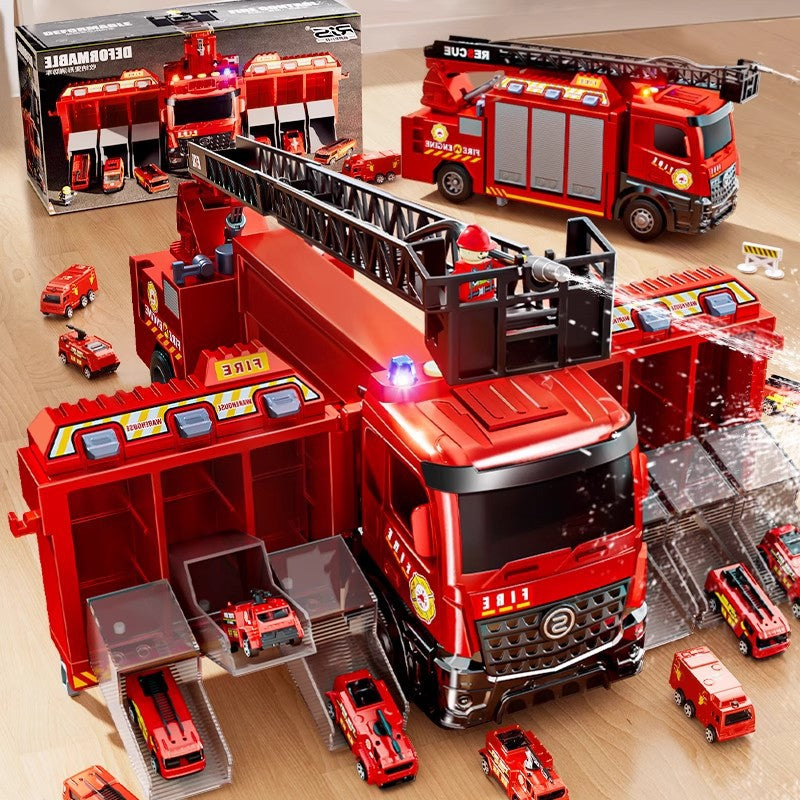 Sam's club style rescue fire truck - multifunctional parking garage with storable water spray, ejection ladder, and police car toy