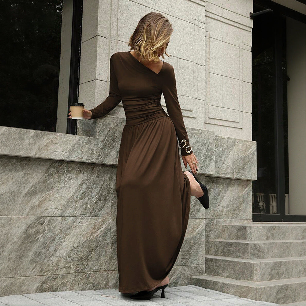 European and american high-end commute style deep brown one-shoulder neckline asymmetrical pleated waist design drapey long dress for women