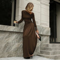 European and american high-end commute style deep brown one-shoulder neckline asymmetrical pleated waist design drapey long dress for women