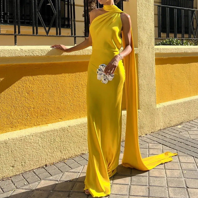 cross-border european and american women's clothing: new summer fashionable and elegant solid color dress with flowing straps