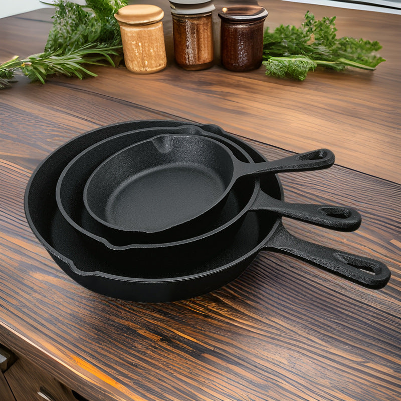 Cast iron pan flat bottom small frying pan three-piece set old-fashioned household frying egg pan induction cooker non-stick pan set