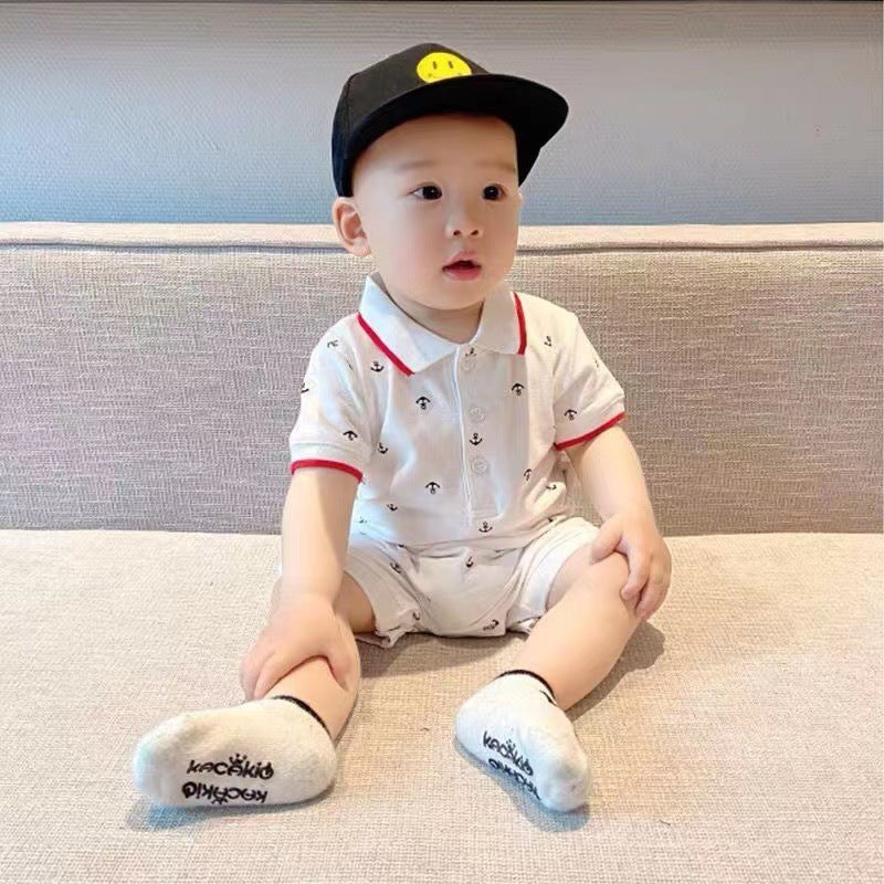Baby romper, crawling suit, lightweight short-sleeve onesie, korean style summer knitted turn-down collar romper for baby boys