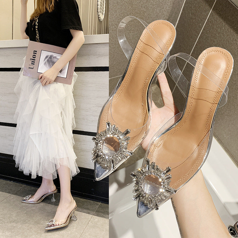 Women's sandals 2023 summer new collection: closed-toe pointed-toe slip-on pvc sexy metal-embellished lady shoes - fashion