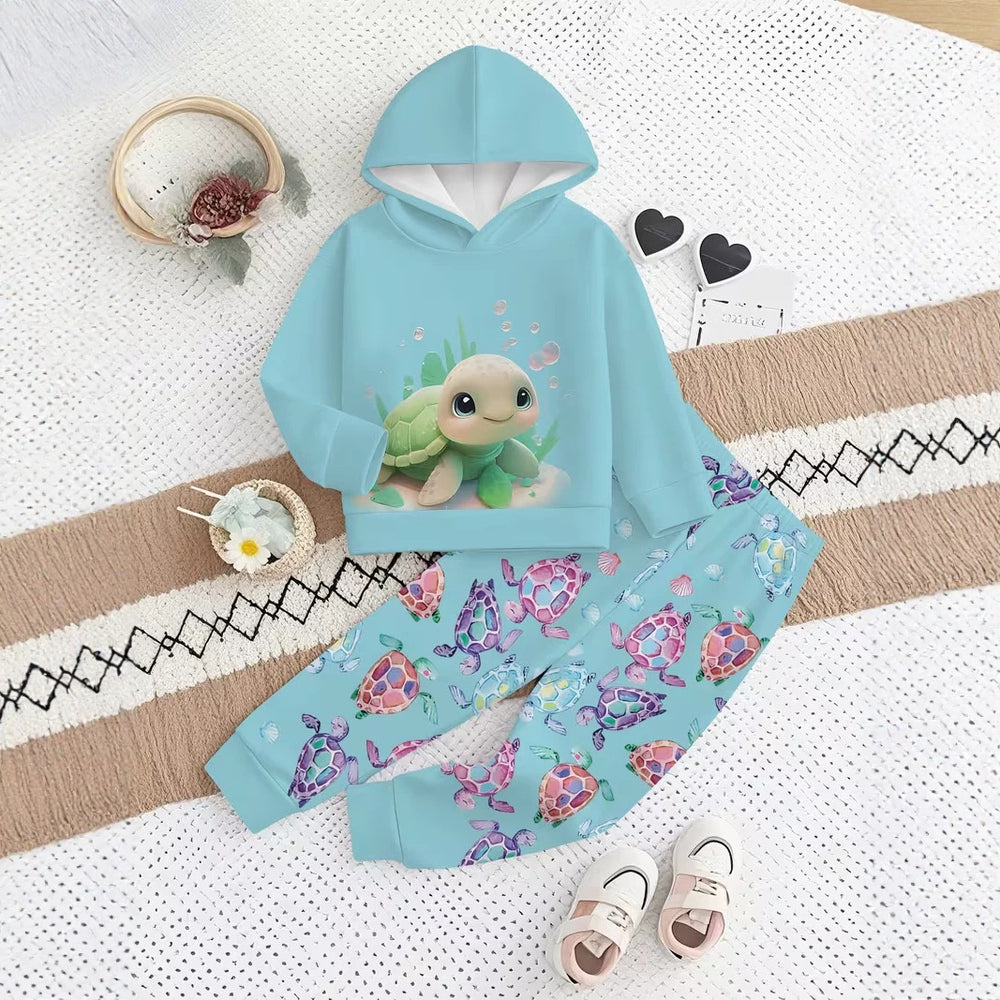 Kids' hoodie set, cross-border hot seller, trendy printed girls' fashion hooded sweatshirt and sweatpants set