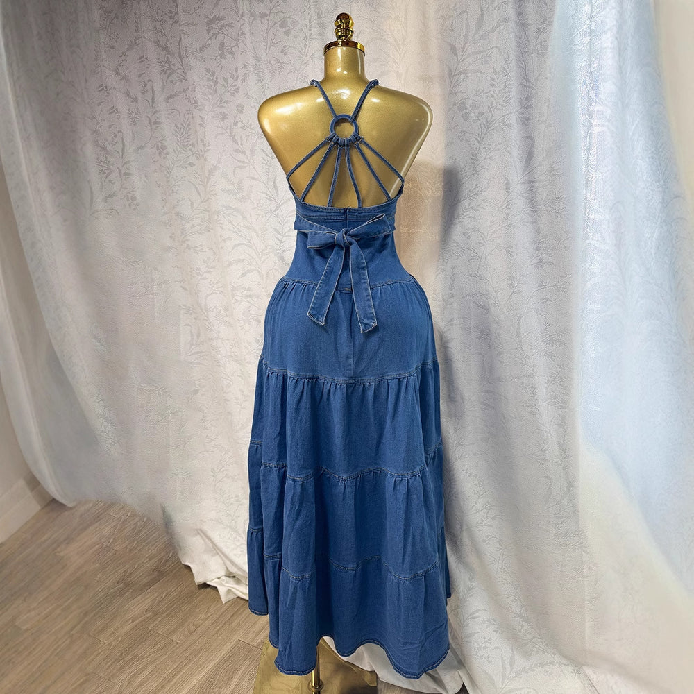 European and american export women's summer new sexy fashion v-neck camisole backless tie-up denim dress cake maxi dress