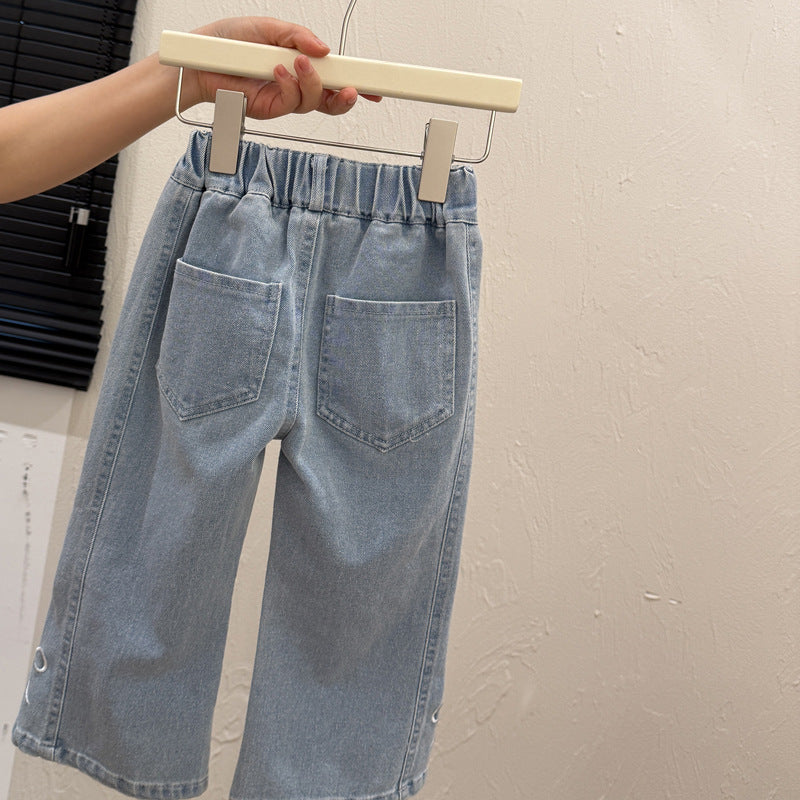 Spring new girls' embroidered bow denim pants - korean style, trendy and fashionable kids' trousers, children's clothing