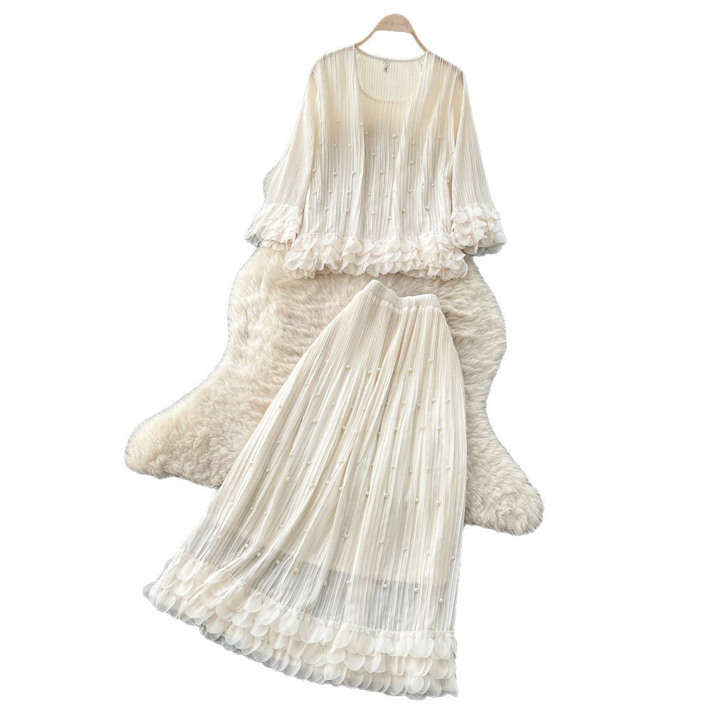 French chic ruffle-trimmed, beaded long-sleeve top and midi skirt set - autumn elegance for women