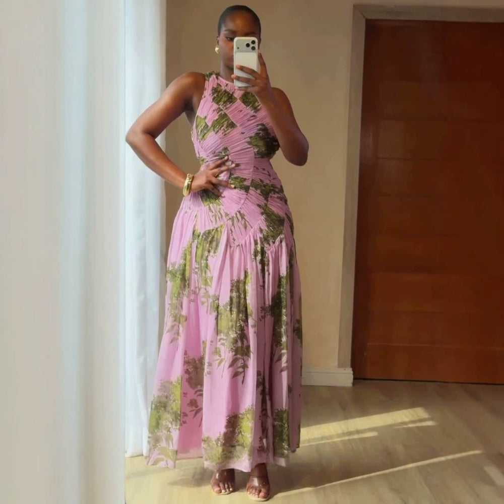 European and american cross-border women's clothing:  summer new arrival - elegant, designer, pleated, printed, slim-fit, long sleeveless dress