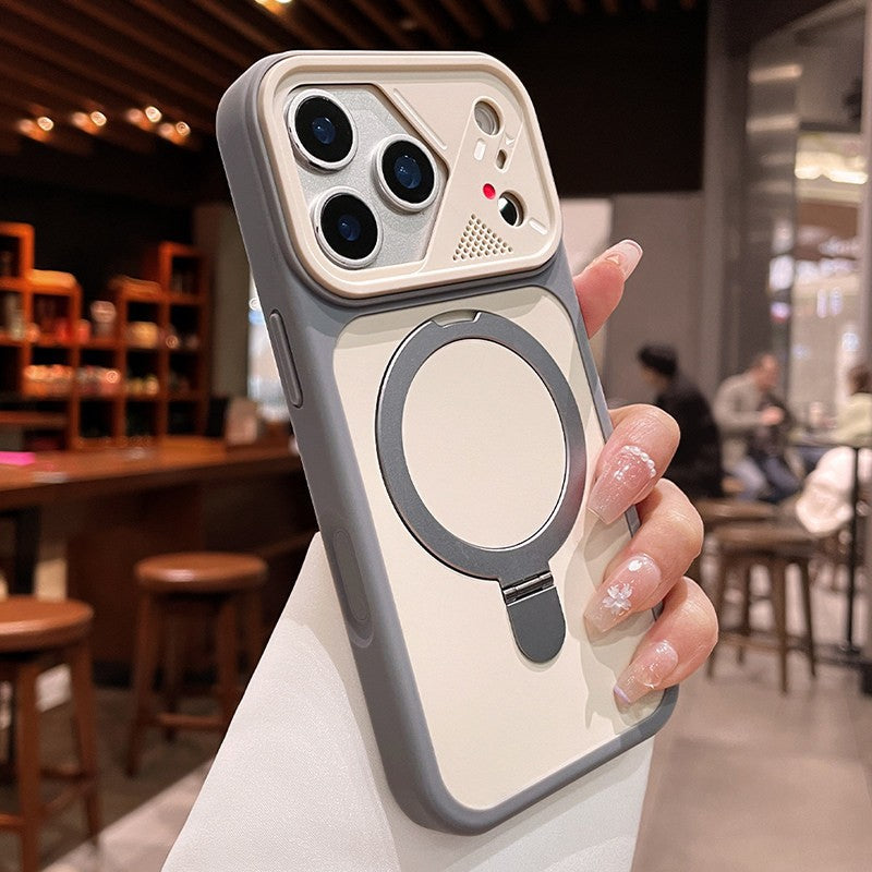 apple 17 pro max phone case, mecha style, irregular large window, iphone 15 magnetic stand