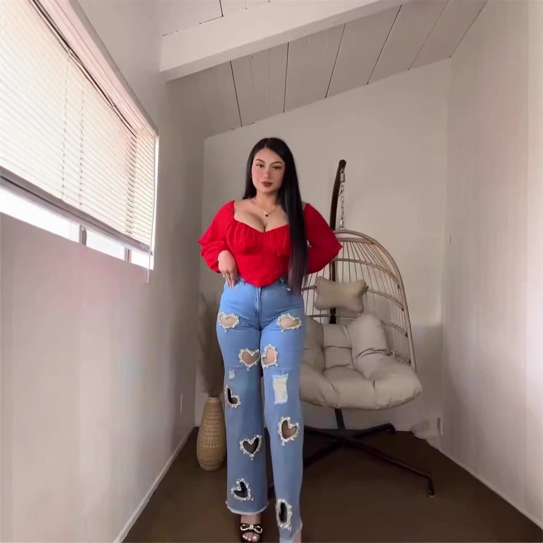 25 Cross-border Europe, America,  Independent Station INS Explosive Hollow Love Handmade Nail Drilling Personalized Trend Jeans