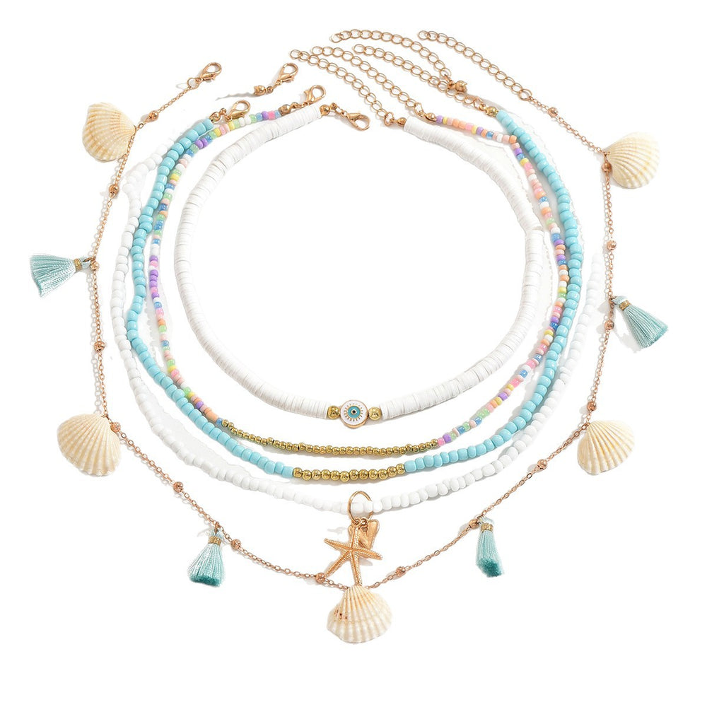 European and american cross-border jewelry: bohemian polymer clay beaded necklace, unique starfish and seashell pendant layered necklace for women