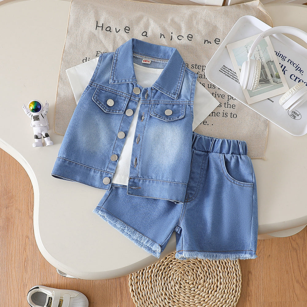 new cross-border boy's denim vest + denim shorts set with crew neck tee - 3-piece outfit