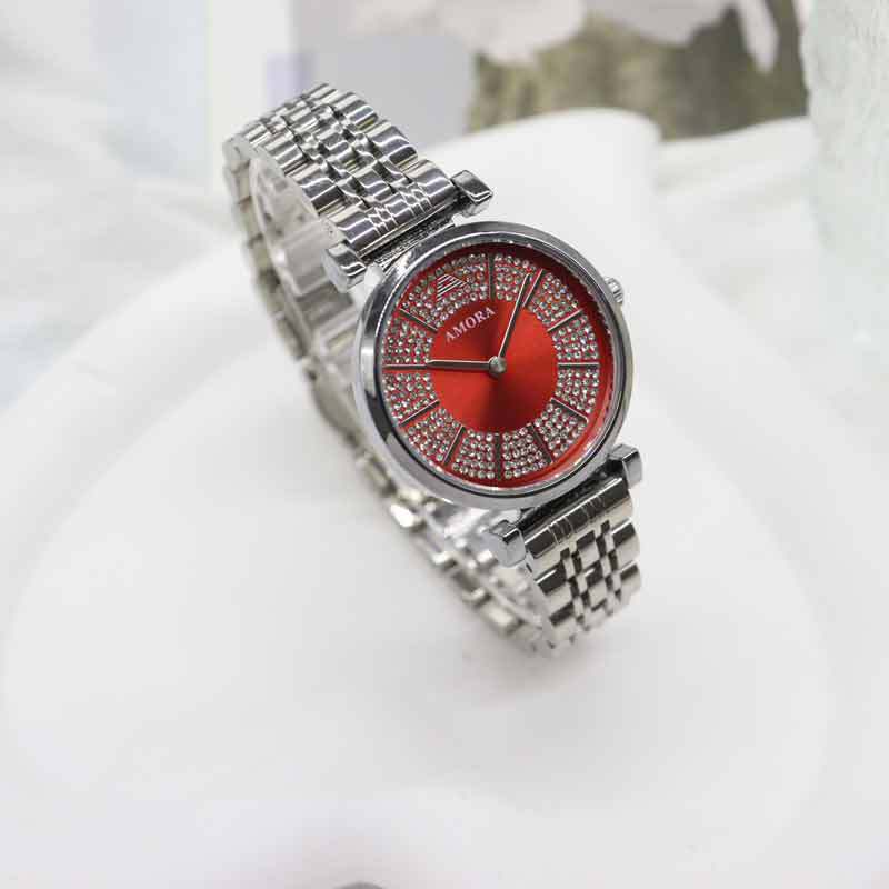 Anima red rhinestone steel band diamond-accented waterproof women's watch - luxury fashion quartz wristwatch with butterfly clasp