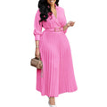 D522 women's foreign trade dress  new fashion turn-down collar long sleeve high waist elegant pleated solid color african dress