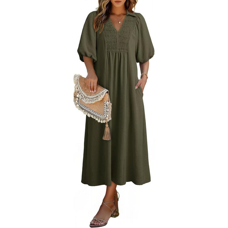 Amazon fashioncasualv neckpuff sleevedresssummernew arrivala line waist slimming look skirt