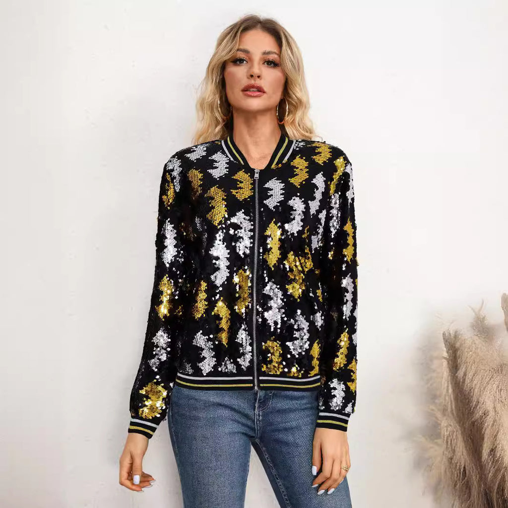10393 Cross-border  autumn and winter women's clothing long-sleeved jacket slim temperament commuter sequined baseball jersey