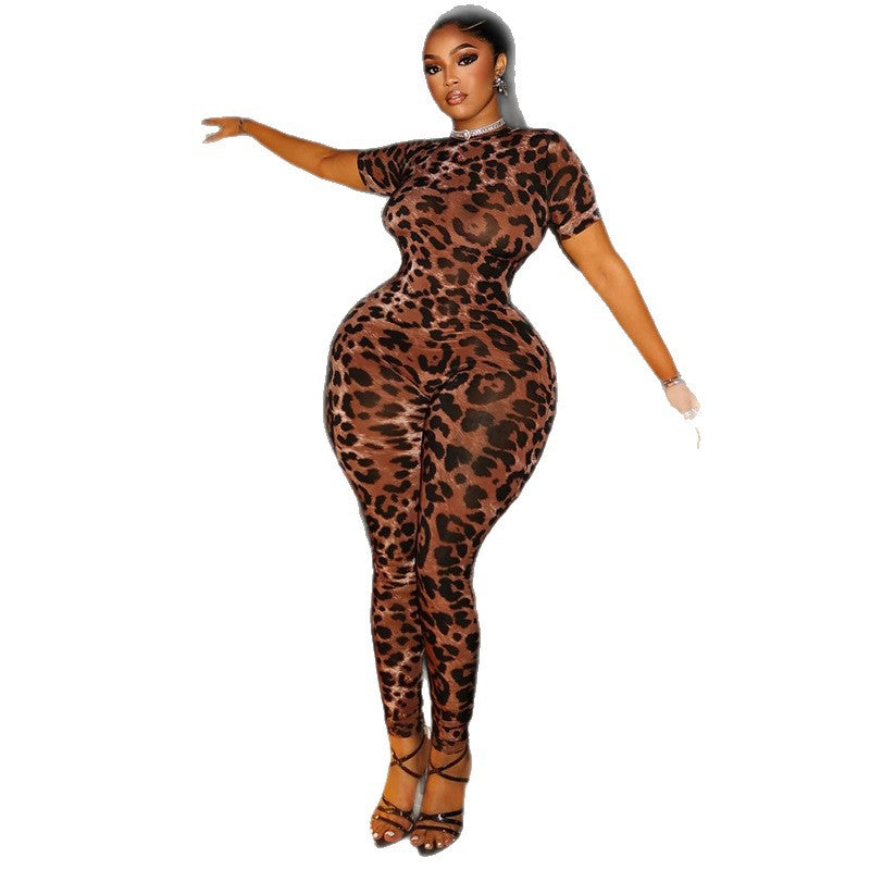 European and american style cross-border personalized print women's streetwear commute leopard print skinny jumpsuit short sleeve slim fit trendy bodysuit