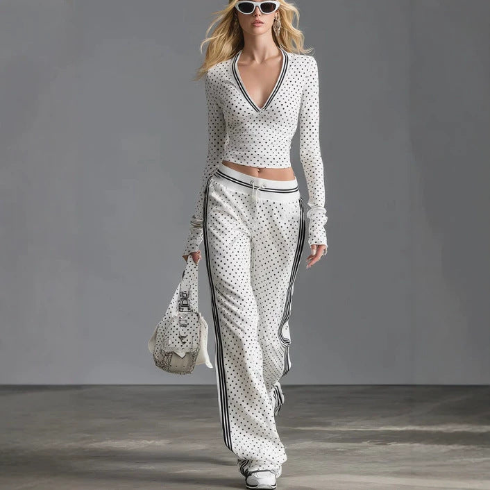 spring new arrival cross-border independent station  fashion v neck polka dot pants long sleeves sportswear suit