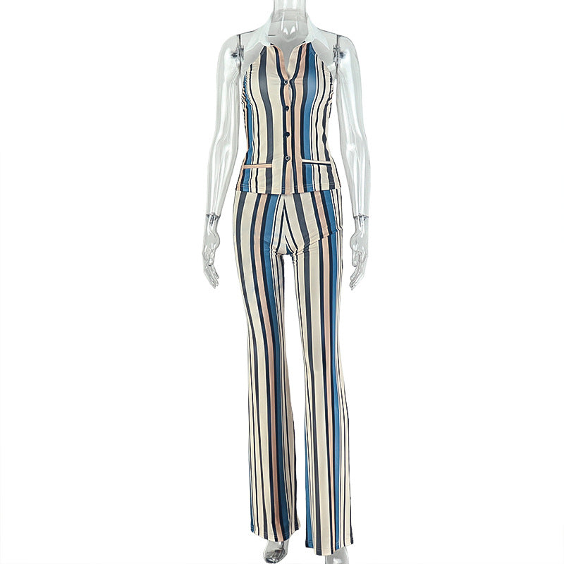 European and american style ins foreign trade women's personalized striped slim-fit pantsuit v-neck button fashion print two-piece set