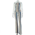 European and american style ins foreign trade women's personalized striped slim-fit pantsuit v-neck button fashion print two-piece set