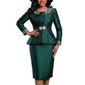Autumnelegancesatin skirtsuit beading applique lapel silmoutwear hip covering church dresstwo-piece set