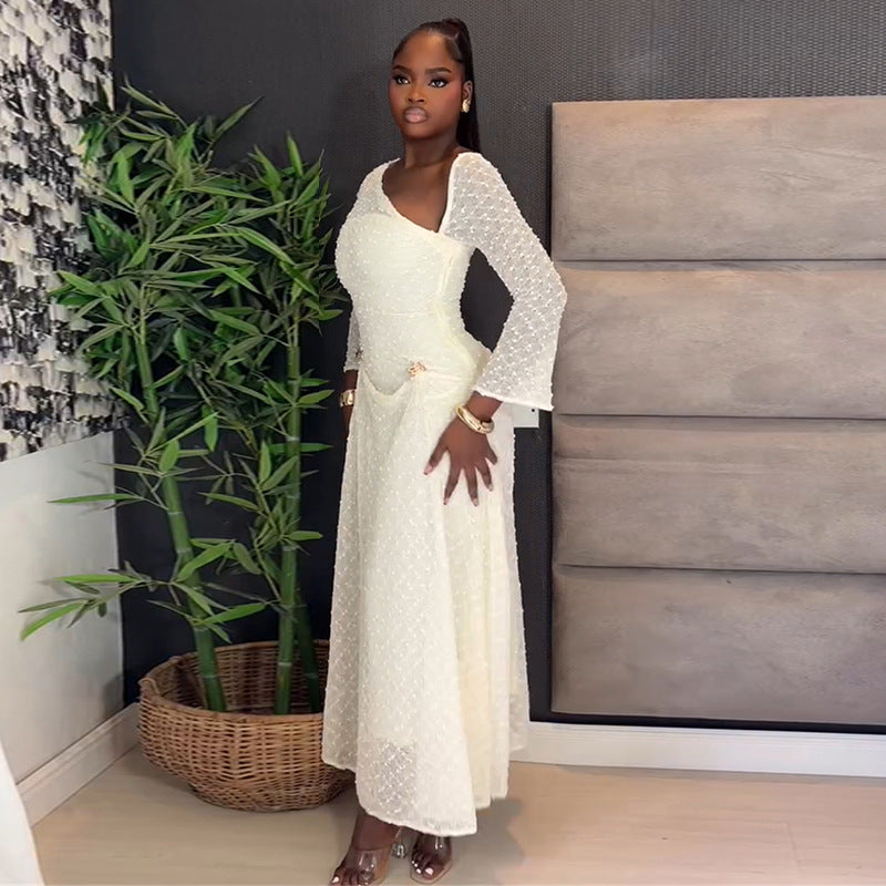 European and american women's clothing  autumn new sweet and fresh one-shoulder long sleeve high-waisted slimming a-line maxi dress