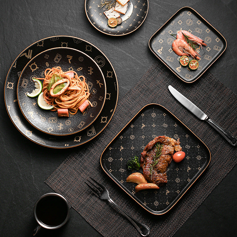 Creative black matte steak plate western dinner plate home nordic high-end dinner plate flat plate with rim restaurant hotel