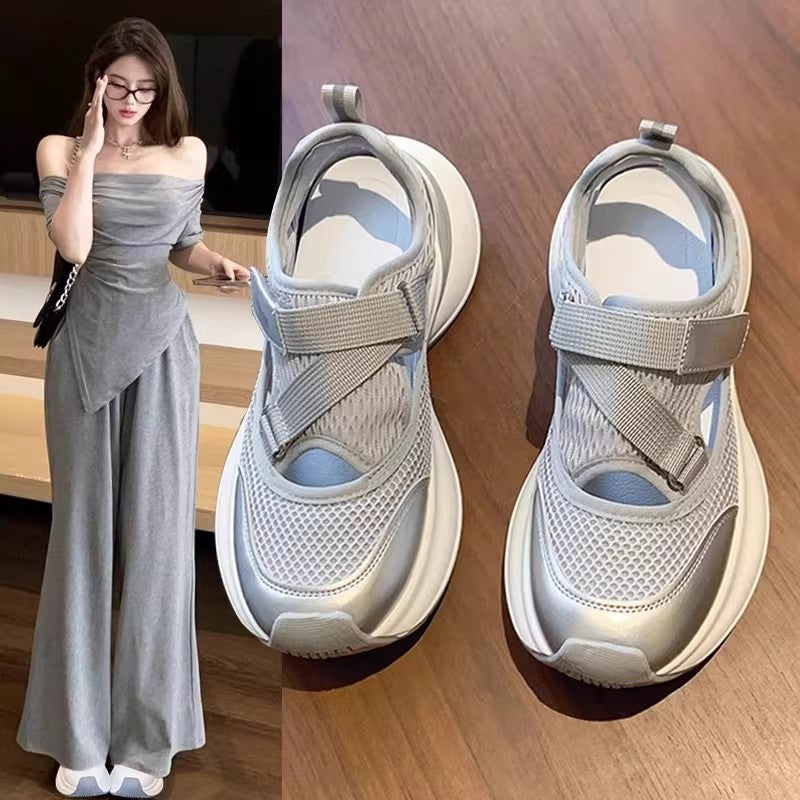 Thick solecasualwhite shoes women's cut out breathable dad shoes women's 2026 summer new outwear running sports sandals