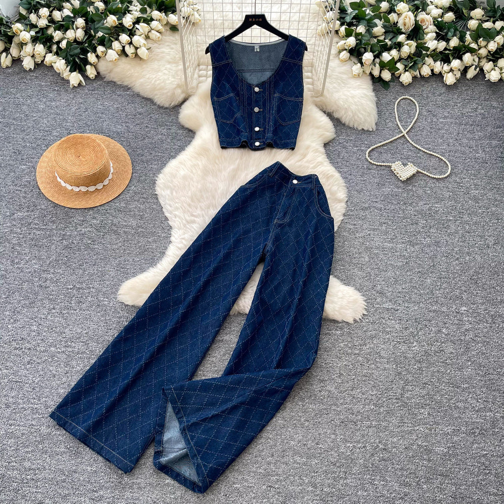 K-stylework clothing style denim two-piece set women's summer sleeveless vest high waist pants silm pants slimming lookelegantsuit