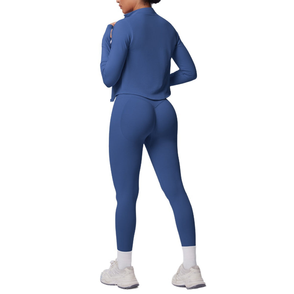 New solid color knitted compression seamless yoga set - quick-dry, breathable, outdoor casual running & fitness 3-piece set