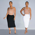 C6873 cross-border   fashion women's solid color mesh rhinestone halter maxi dress
