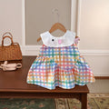 Girls' plaid dress - sleeveless round neck summer korean style - baby girl cartoon lapel tank dress - children's dress