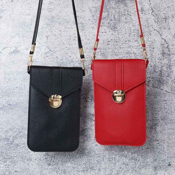 2022 new women's trendy lock, messenger pu leather touch screen mobile phone wallet, female retro student buckle small wallet