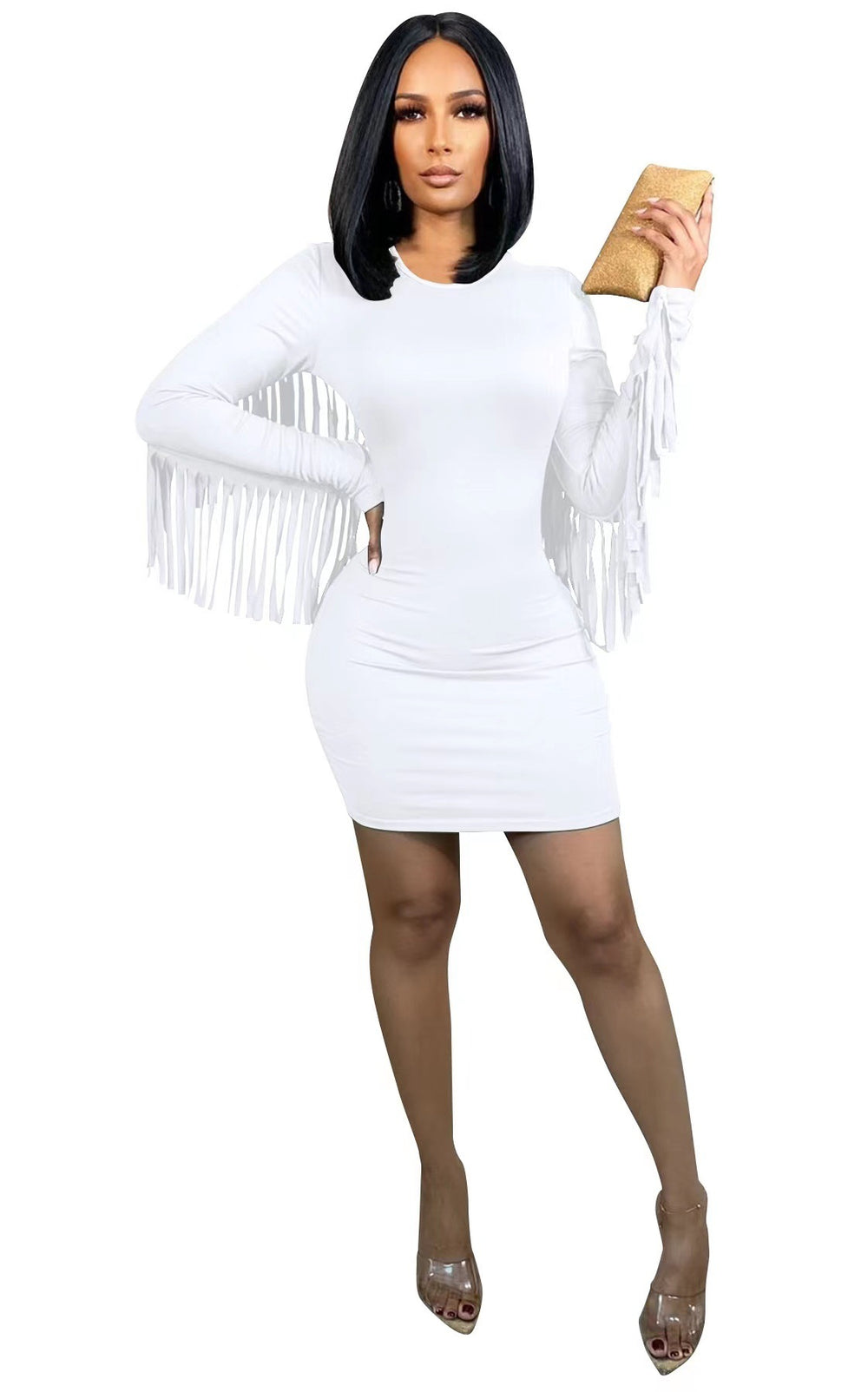 European and american cross-border women's fashion:  autumn hot-selling solid color long sleeve tassel round neck bodycon mini sexy dress