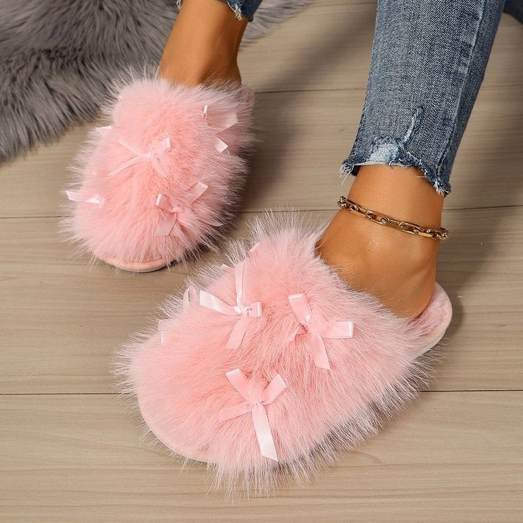 New arrival cross-border winterbows large fur slippers indoor heattech plus outer thick sole shit-feeling cotton slippers wholesale