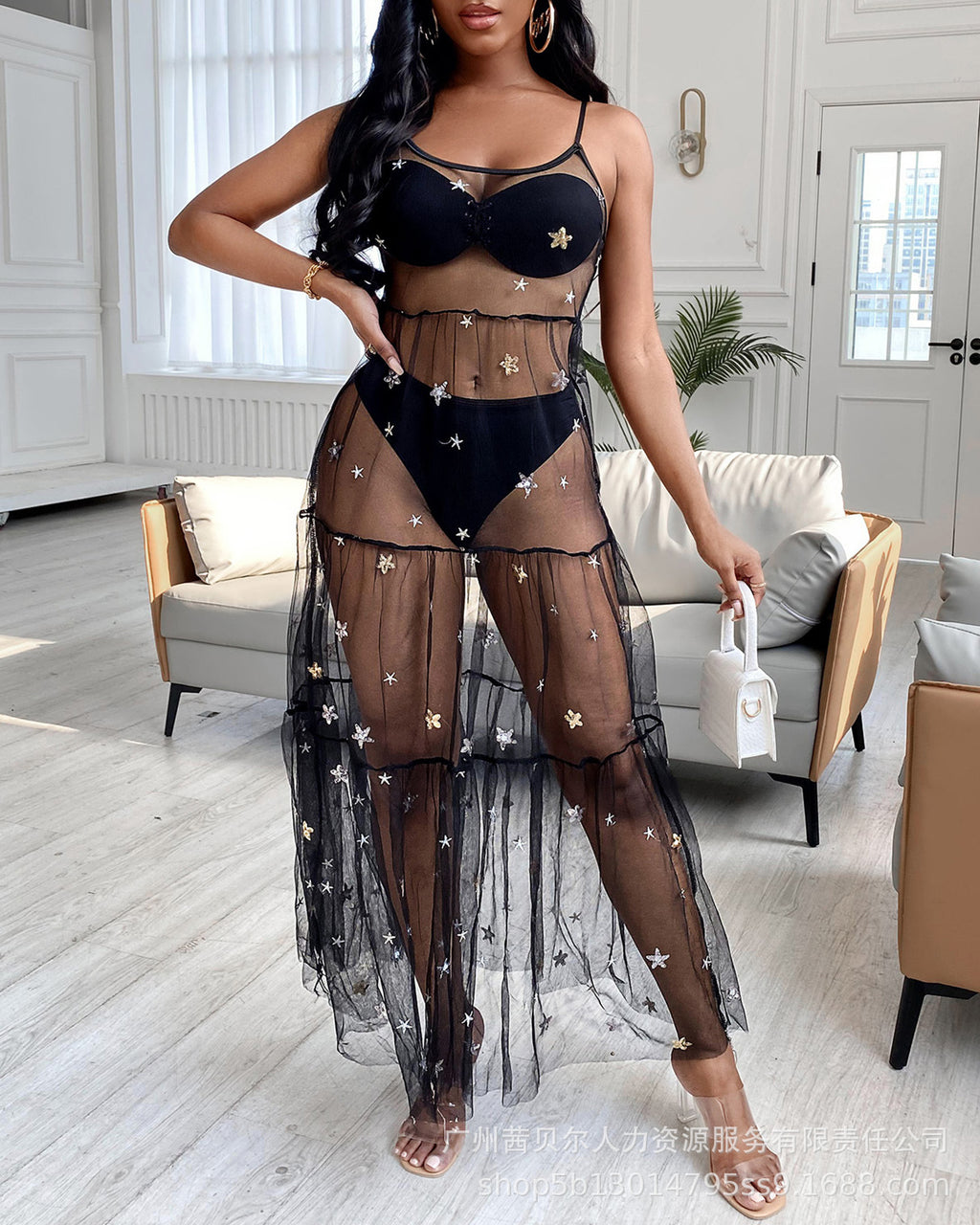 Spot -2022 European and American new suspender sequined mesh pendulum dress