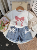 New arrival cross-border girl round neck printingknittingtops denim beads bowsjeanssuittwo-piece set