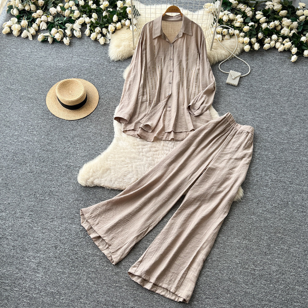 Lazy style red shirt loose pantstwo-piece set female autum lapel fashionloosework clothingfashionablesuit