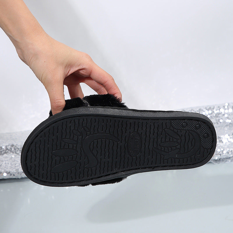 Amazon one-strap plush slippers - new autumn/winter indoor/outdoor warm cotton shoes - rhinestone open-toe fuzzy slippers for women