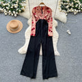 Autumn wear light mature style royal sister style classy sense v necklong sleevesprintingpatchworkhigh waistslimming lookcasualloose pants jumpsuit