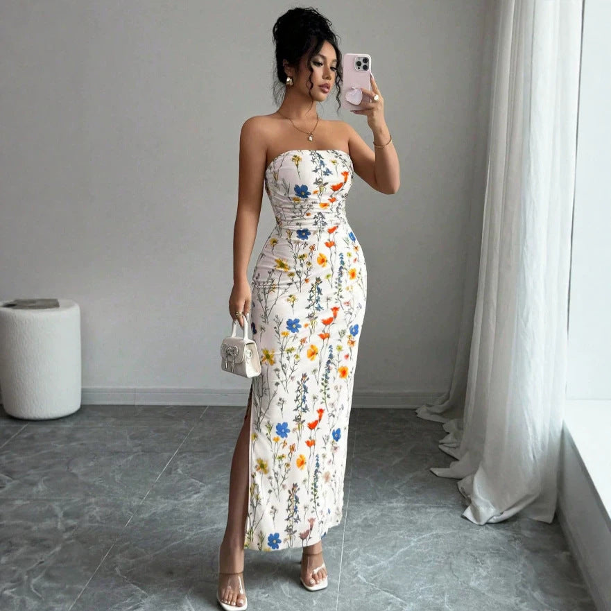 new european and american  cross-border summer export v-neck french print slimming a-line maxi dress