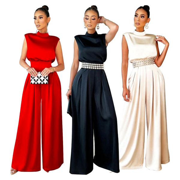 K10190  European and American women's clothing 2022 new fashion wide-leg pants solid color turtleneck sleeveless waist jumpsuit