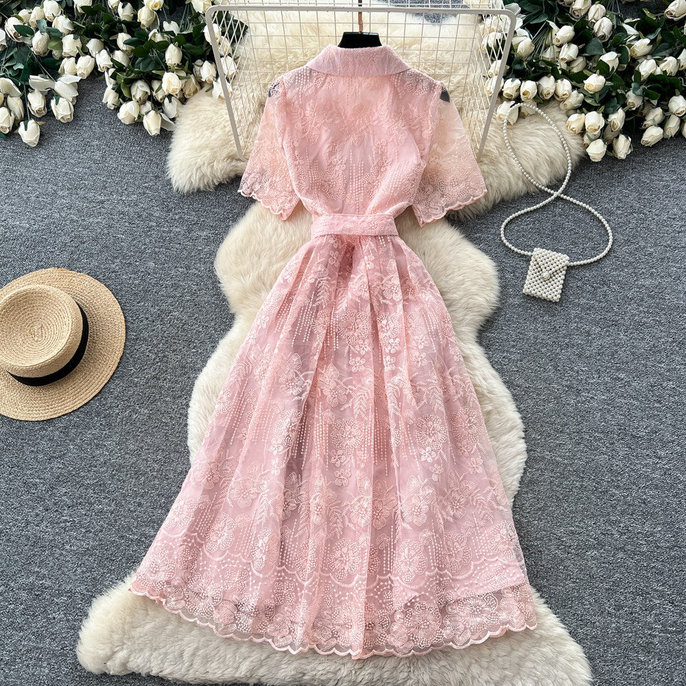 French chic embroidered lace dress - women's summer korean style a-line midi dress with cinched waist - perfect for work and everyday wear