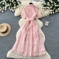 French chic embroidered lace dress - women's summer korean style a-line midi dress with cinched waist - perfect for work and everyday wear