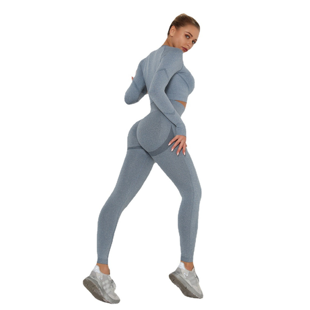 European and american style ruched seamless yoga set for women - high waist peach lift tight workout long sleeve fitness yoga pants two-piece set