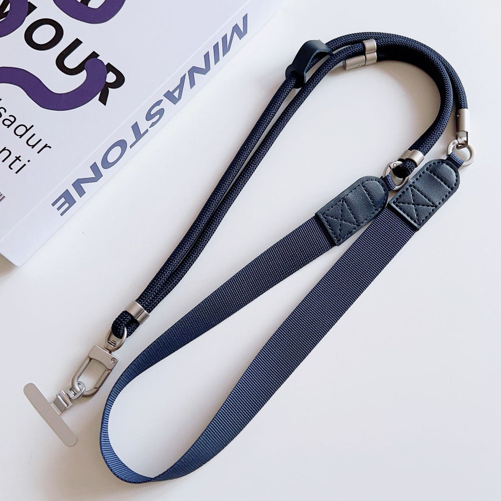 Trendy wide shoulder strap crossbody phone case lanyard with lambskin patchwork, adjustable strap, anti-lost chain for outdoor travel